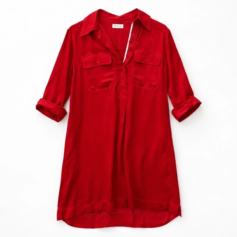 Zadig‎ & Voltaire Red Silk Button Front Shirt Dress Long Sleeve Mini Dress